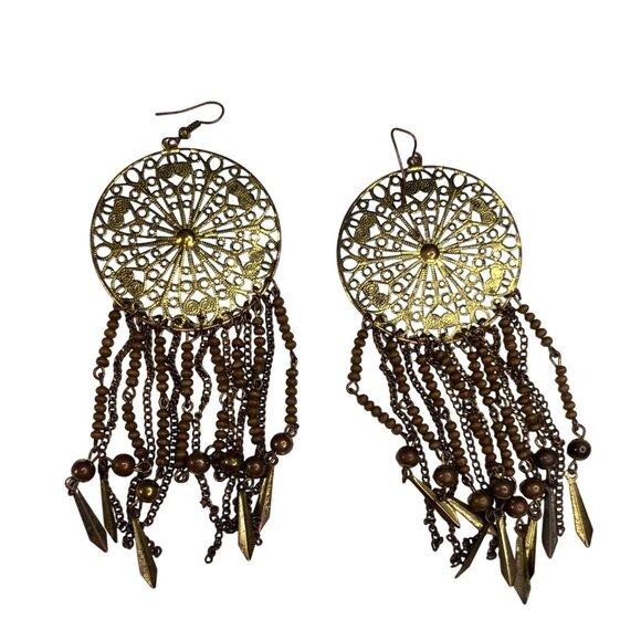 Vintage Gold Filigree Dreamcatcher Dangle Earrings With Bead & Chain Fringe A250 - Picture 1 of 12